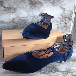New With Box Yoki Women's Size 7 Navy Blue Velvet Ballerina Ankle Lace Up Flats